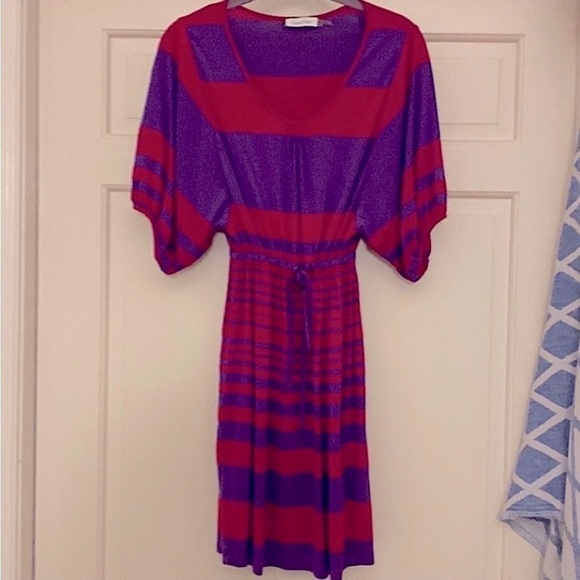 Red + Purple Color Block Stripes Short Sleeves Mini Dress Cinch Waist - Picture 2 of 2